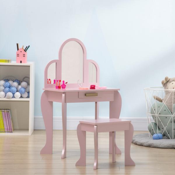 Toucador para Crianças com Espelho e Banco Toucador de Maquilhagem para Crianças de 3 a 6 Anos 52x32x85 cm Rosa