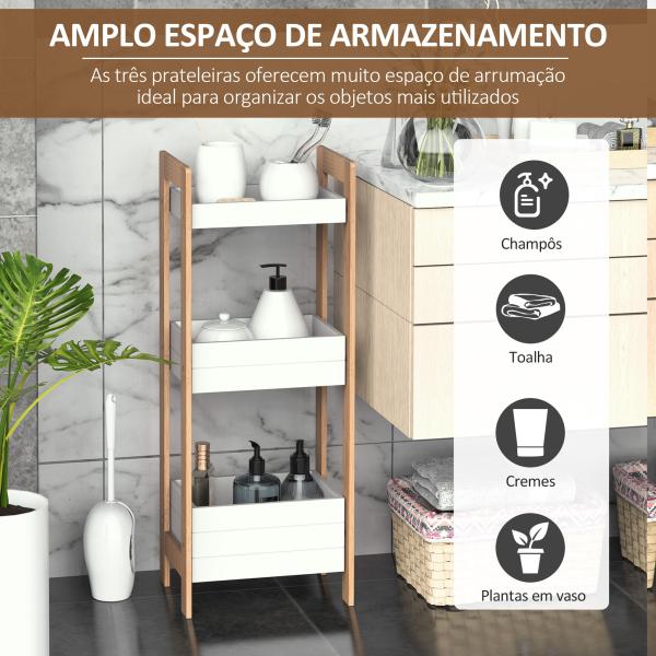 Móvel Auxiliar de banheiro com 3 Prateleiras Organizadoras de Bambu 27,5x20,8x74 cm Cor Branco e Natural