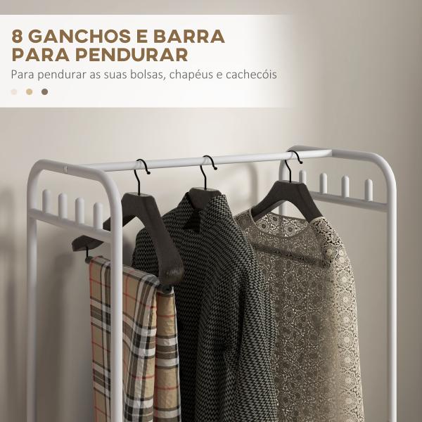 Charriot Moderno 8 Ganchos e 4 Cestos para Armazenamento Charriot com Rodas e Estrutura de Aço 63x37x153 cm Branco