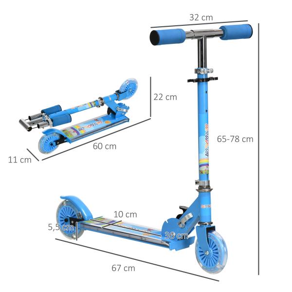 Trotinete para Crianças Dobrável com Luzes e Música 4 Alturas Ajustável Rodas Brilhantes e Pedal LED 67x32x65 - 78 cm Azul