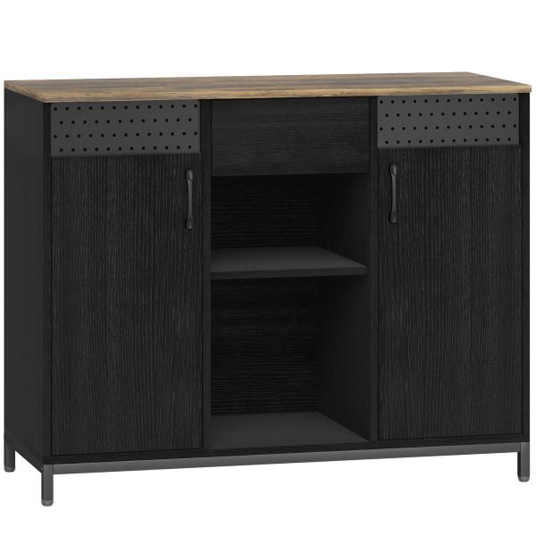 Aparador de 2 Portas com Orifícios 2 Compartimentos e Gaveta Prateleiras Ajustáveis 100x40x80 cm Preto e Castanho Rústico