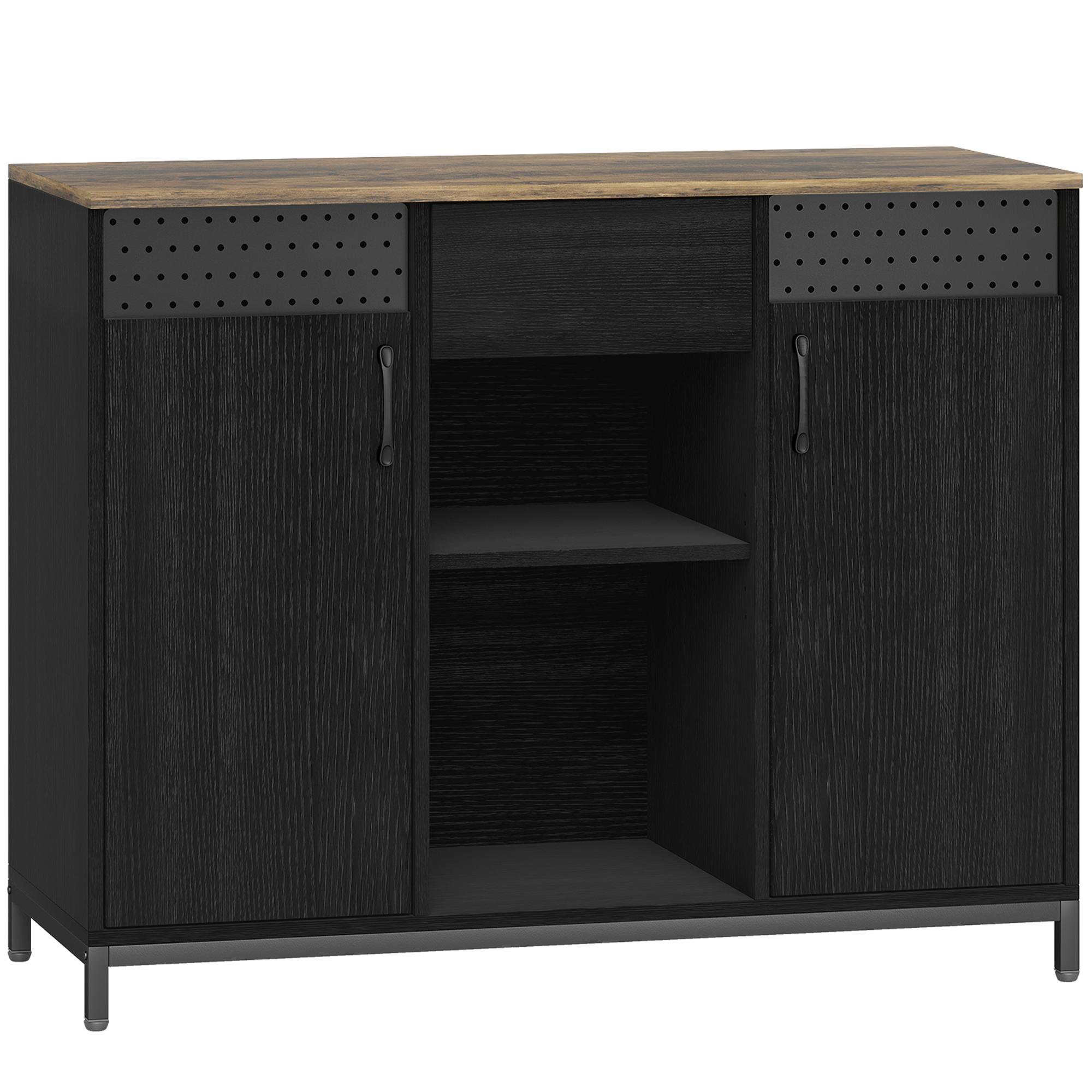 Aparador de 2 Portas com Orifícios 2 Compartimentos e Gaveta Prateleiras Ajustáveis 100x40x80 cm Preto e Castanho Rústico