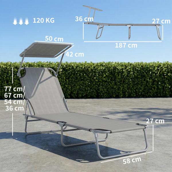 Espreguiçadeira de Jardim Dobrável com Toldo Removível e Ajustável e Encosto Ajustável em 4 Posições 187x58x36 cm Cinza Claro