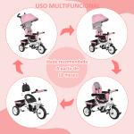 Triciclo Evolutivo para Bebés de +12 Meses 2 em 1 com Toldo Dobrável Guiador Cinto de Segurança e Cesto 95x50x106 cm Rosa