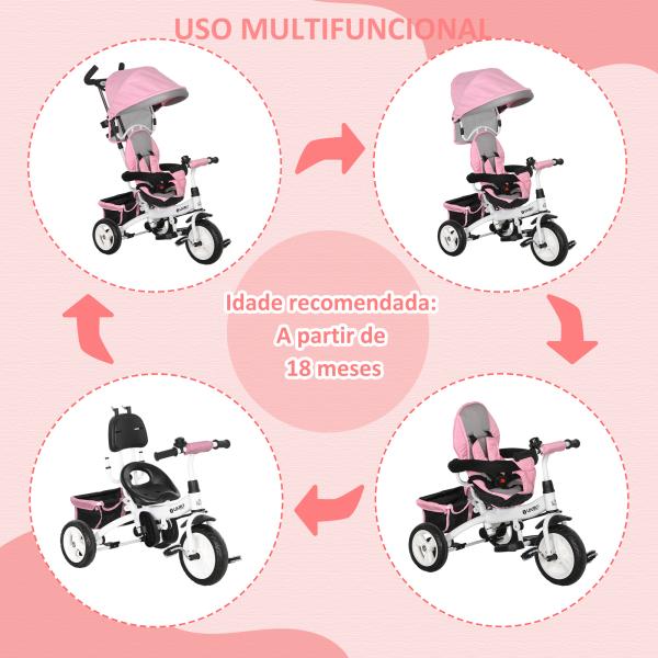 Triciclo Evolutivo para Bebés de +12 Meses 2 em 1 com Toldo Dobrável Guiador Cinto de Segurança e Cesto 95x50x106 cm Rosa