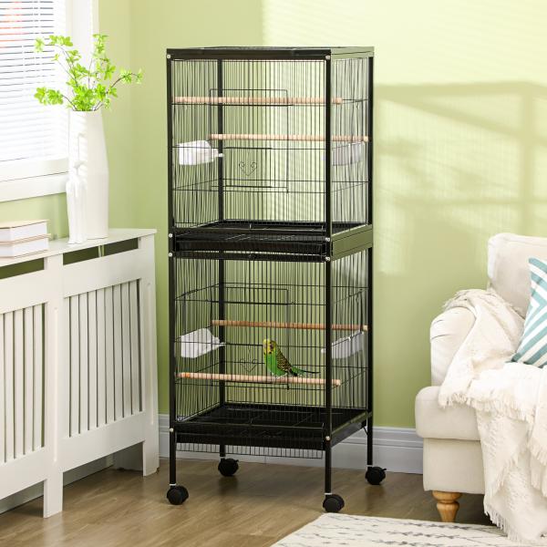 Gaiola para Pássaros com Rodas de 2 Níveis com Bandejas Removíveis Portas Comedouros Poleiros 51,5x50x140 cm Preto