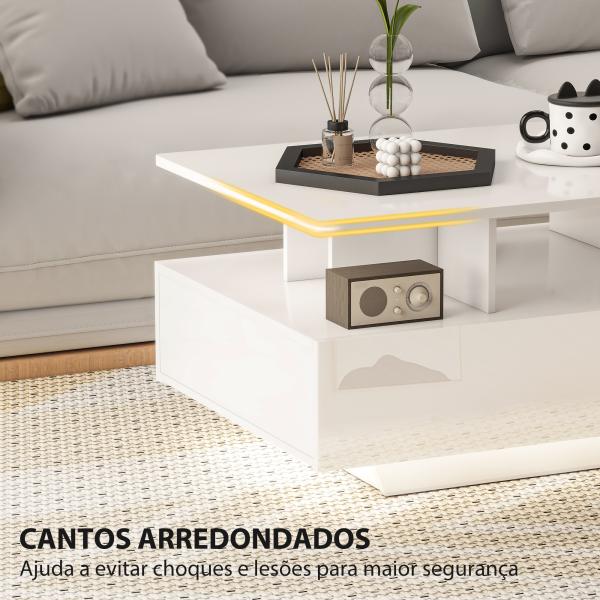 Mesa de Centro Moderna com LED 4 Gavetas Prateleira Aberta e Luzes LED de 16 Cores 90x55x41 cm Branco Brilhante