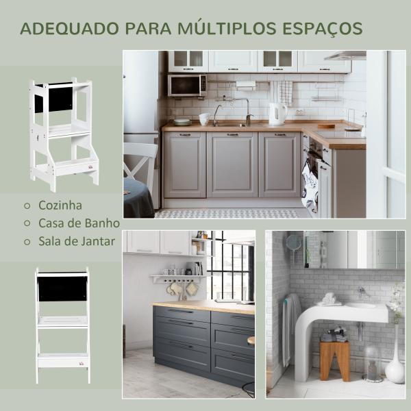 Torre de Aprendizagem para Crianças 3 - 6 Anos de Madeira Torre de Aprendizagem Infantil Convertível em Secretária com Ardósia e Barra de Segurança para Casa de Banho Cozinha 42x44x86cm Branco