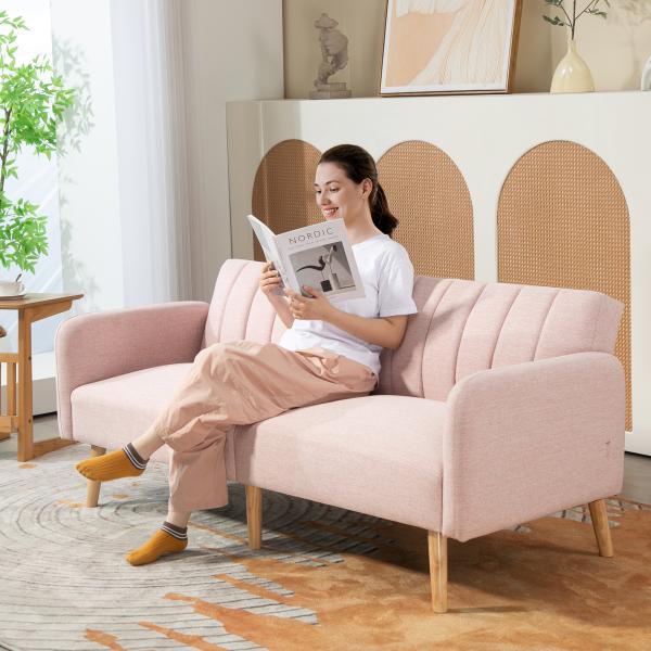 Sofá Cama de 2 Lugares com Encosto Ajustável em 3 Posições Apoio para os Braços e Pés de Madeira 173x75x73 cm Rosa