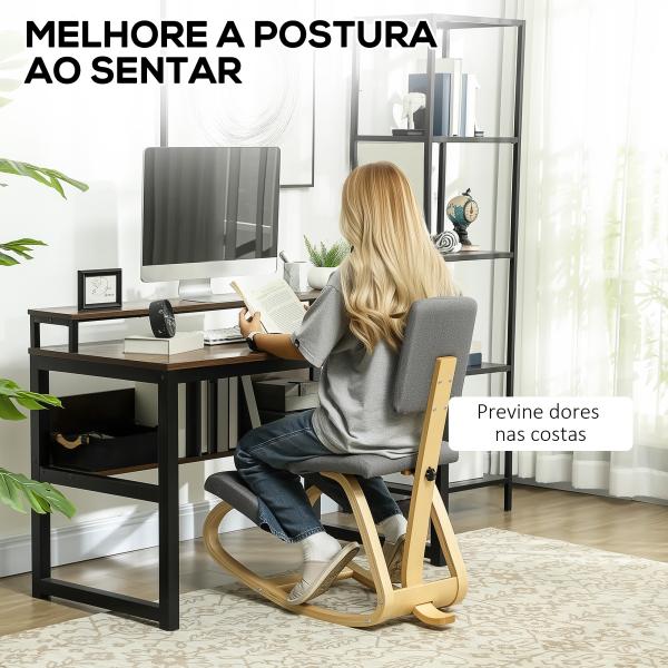 Cadeira Ergonómica de Joelhos com Encosto Almofadas Acolchoadas Estrutura de Madeira para Melhor Postura 51x84x93 cm Cinzento