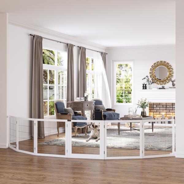 Barreira de Segurança para Cães de Madeira Dobrável para Cães Pequenos e Médios com 6 Painéis 432x36x70 cm Branco
