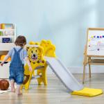 Escorrega para Crianças 2 em 1 com 2 Degraus Cesta de basquetebol e Desenho de Leão para Interior 131x50x74 cm Amarelo e Cinza