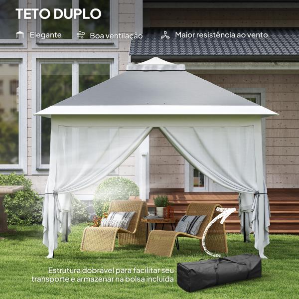 Tenda Dobrável 3,3x3,3 m Pop - up Altura Ajustável Teto Duplo Mosquiteiras Removíveis e Bolsa de Transporte Anti - UV Cinzento