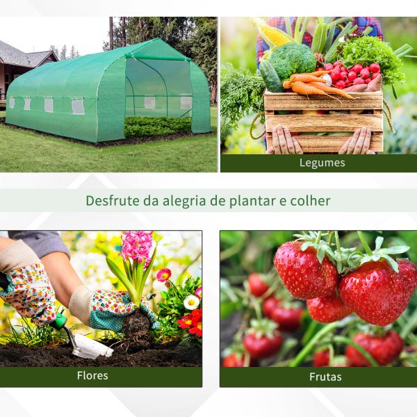 Estufa Tipo Túnel de Jardim 600x300x200cm para Cultivo de Plantas Verduras com 8 Janelas e Porta Enroláveis com Zíper Aço Verde