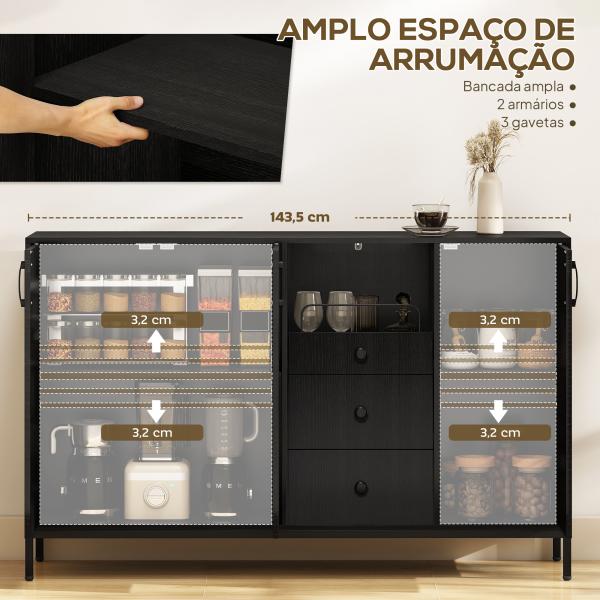 Aparador com 3 Portas e 3 Gavetas Prateleiras Ajustáveis para Cozinha, Entrada Sala de Jantar Quarto 143,5x40x90 cm Preto