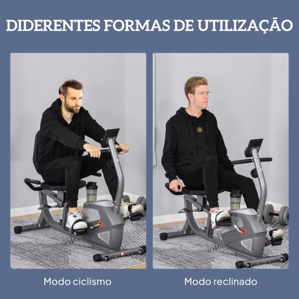Bicicleta ergométrica reclinável com tela LCD e volante de 3 kg resistência magnética de 8 níveis assento ajustável 121,5 - 136x62,5x98 cm Cinza