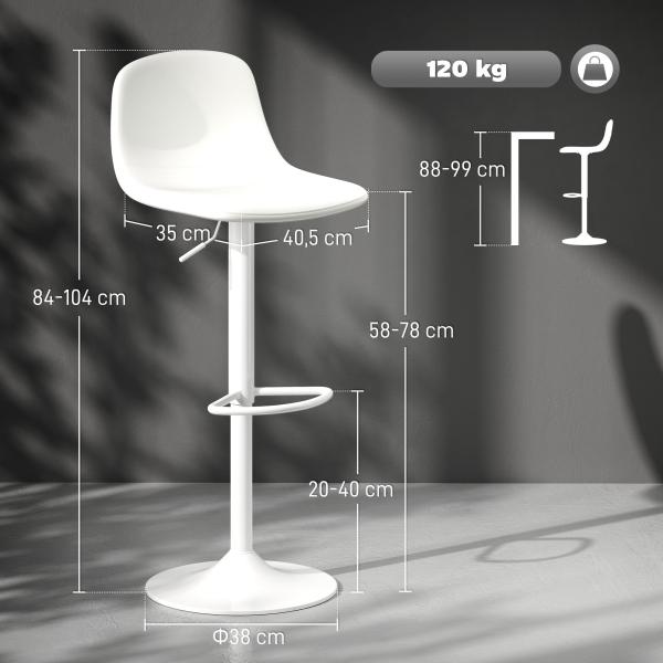 2 Bancos de Bar Reguláveis em Altura 84 - 104 cm com Encosto e Apoio para os Pés Estofadas em PU Giratórias em 360° Branco