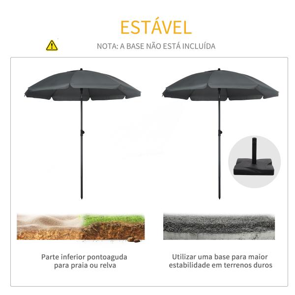 Chapéu de Sol de Praia Grande Ø180 cm Chapéu de Sol de Exterior com Ângulo Ajustável Proteção UV50+ Mastro de Ø32 mm Cinza