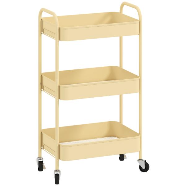 Carrinho Auxiliar com Rodas de 3 Níveis Carrinho de Cozinha com 3 Cestos e 2 Pegas 45x30,6x79 cm Amarelo