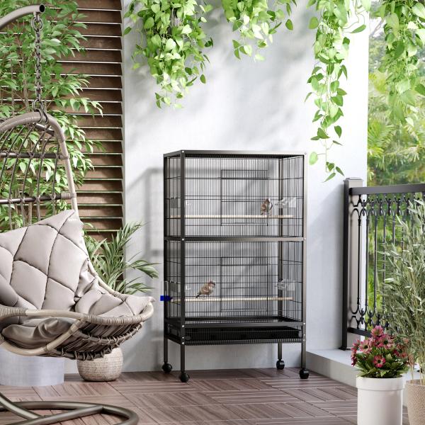 Gaiola para Pássaros com 4 Rodas Gaiola para Pássaros Metálica com Múltiplas Portas 4 Comedouros Bebedouro 2 Poleiros e Bandeja para Louros Canários Periquitos 79x52x137cm Preto