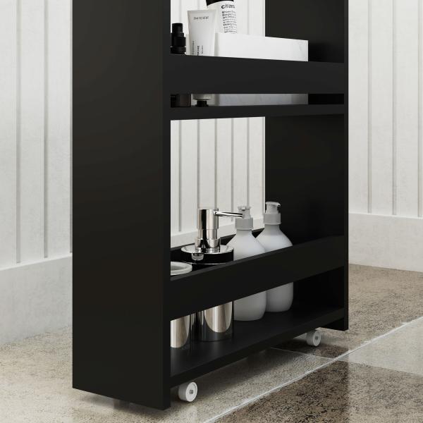 Estante de Armazenamento Casa de Banho de 3 Níveis Estante Estreita com Alça Lateral Estante com Rodas 48x15x80cm Preto