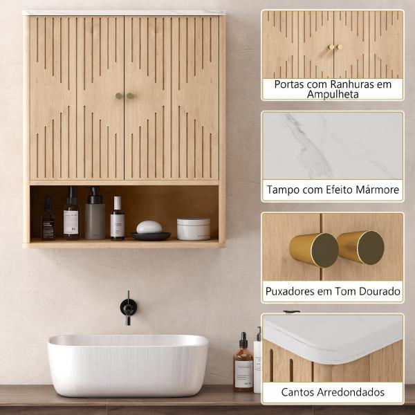 Armário de Parede para Casa de Banho com Portas em Ampulheta, Prateleira Ajustável e Aberta, 60x18x70 cm, Carvalho