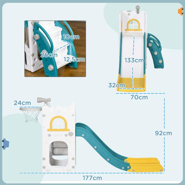 Escorrega Infantil 4 em 1 para Crianças com Cesto de Basquetebol Telescópio Escalador e Espaço de Arrumação 70x177x92 cm Amarelo e Verde