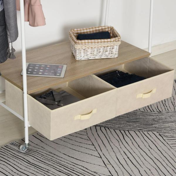 Suporte para Cabides de Metálico Cabideiro com Rodas Prateleira e 2 Gavetas para Organizar Roupas Bolsos 99x47x185cm Branco