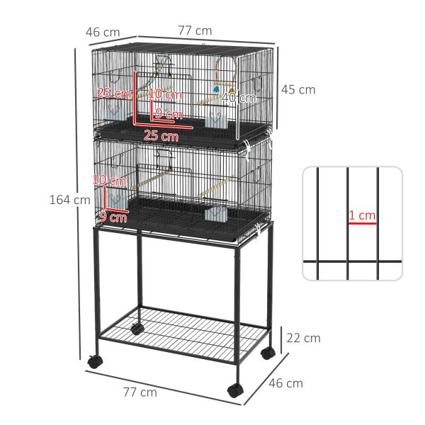Gaiola Dupla e Empilhável para Pássaros 77x46x164 cm com Rodas Poleiros Bandeja Amovível Comedouros Baloiço e Escada Preto