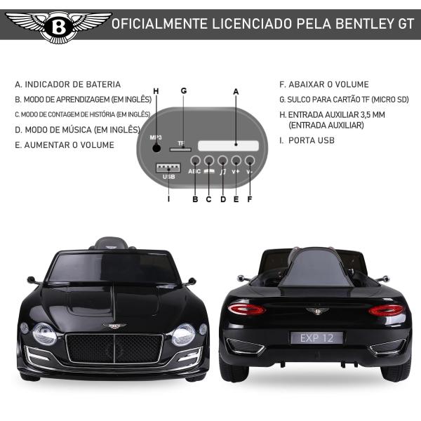Bentley GT elétrico licenciado para crianças de 3 - 5 anos 2 velocidades com controle remoto farois musica preto