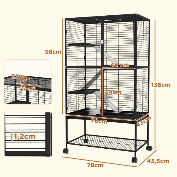Gaiola para Animais Pequenos de 4 Níveis com Rodas Rampa Comedouro Bebedouro e Bandeja Removível 78x45,5x136 cm Preto