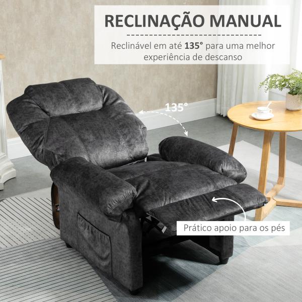 Poltrona Relax Reclinável com Apoio para os Pés Retrátil Encosto Alto Bolso Lateral Acolchoado Grosso 88x91x108 cm Preto