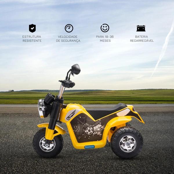 Motocicleta Elétrica Infantil com 3 Rodas Triciclo a Bateria 6V para Crianças de 18 - 36 Meses com Farol Buzina 72x57x56cm Amarelo