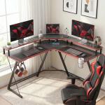 Secretária de Canto com Tomadas em Forma de L 128x128 cm com Suporte para Monitor Gancho e Suporte para Copos Preta