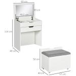 Toucador com Banco Oculto e Espelho Rebatível Mesa de Maquilhagem com Gaveta e 7 Compartimentos Banco Acolchoado Branco