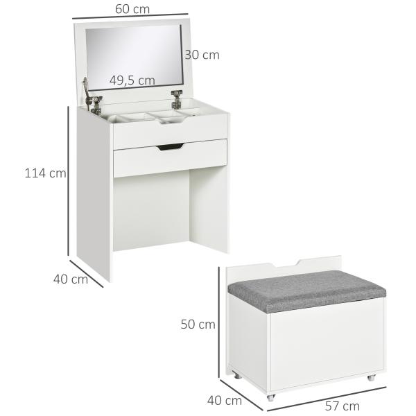 Toucador com Banco Oculto e Espelho Rebatível Mesa de Maquilhagem com Gaveta e 7 Compartimentos Banco Acolchoado Branco