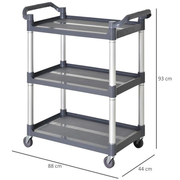 Carrinho Auxiliar com Rodas e 3 Prateleiras Carrinho de Cozinha com Armazenamento Carga 105 kg 88x44x93 cm Cinza
