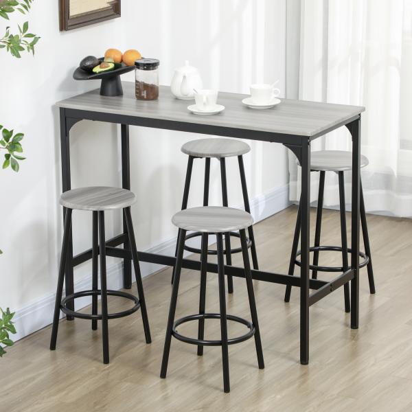Conjunto de Móveis Altos de Bar com 5 Peças Mesa de Refeição Industrial e 4 Bancos Redondos Cinzento e Preto