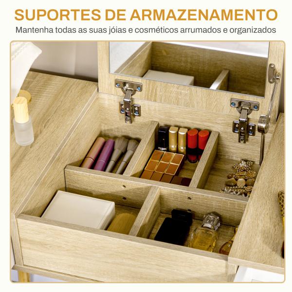 Toucador com Espelho Dobrável Mesa de Maquilhagem com Banco Compartimentos e Gavetas 100x45x118cm Madeira e Branco
