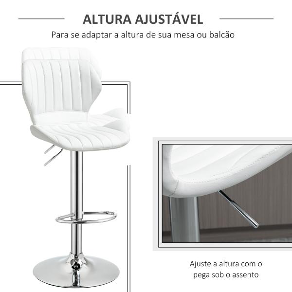 Conjunto de 2 Bancos de Bar Bancos Altos de Cozinha Giratório Altura Ajustável 91,5 - 113,5cm com Apoio para os Pés e Base de Metal Ø41 cm Branco