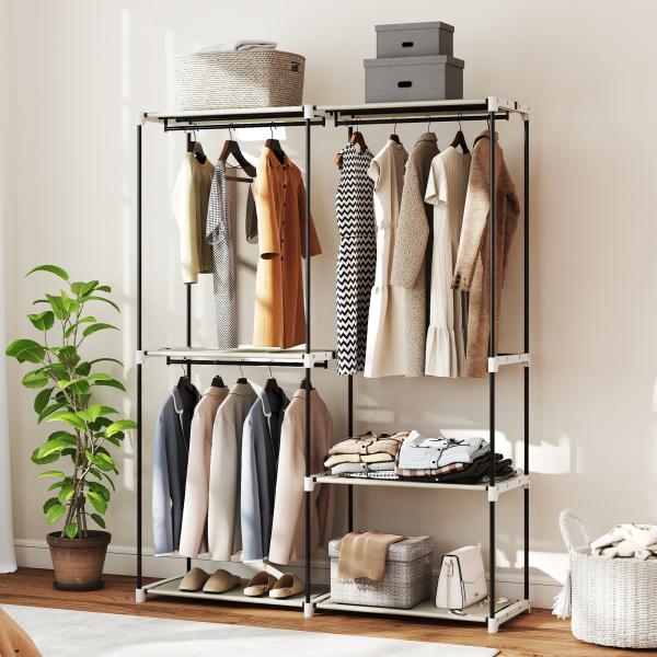 Armário de Roupa Aberto 142x43x185 cm Armário para Roupas com 4 Prateleiras de Tecido 3 Barras para Pendurar Creme