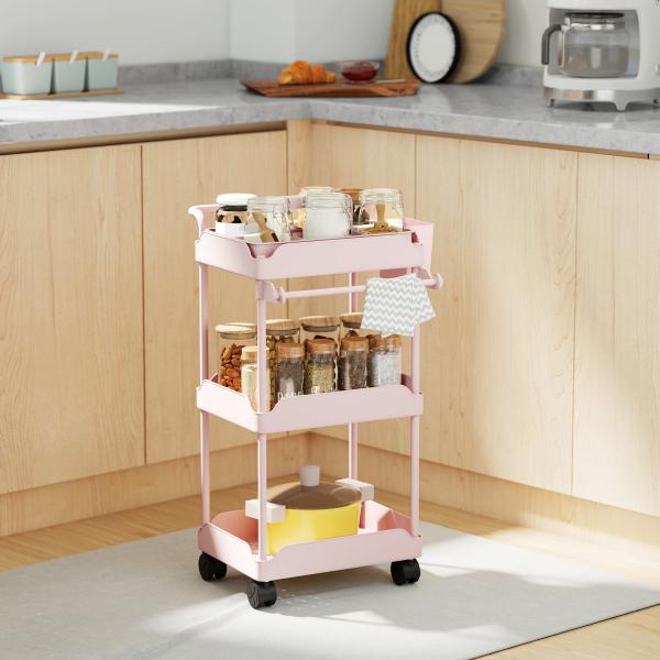 Carrinho Auxiliar com Rodas de 3 Níveis com Cestos Extraíveis Suporte para Toalhas e Estrutura de Metal 42x42,5x76 cm Rosa