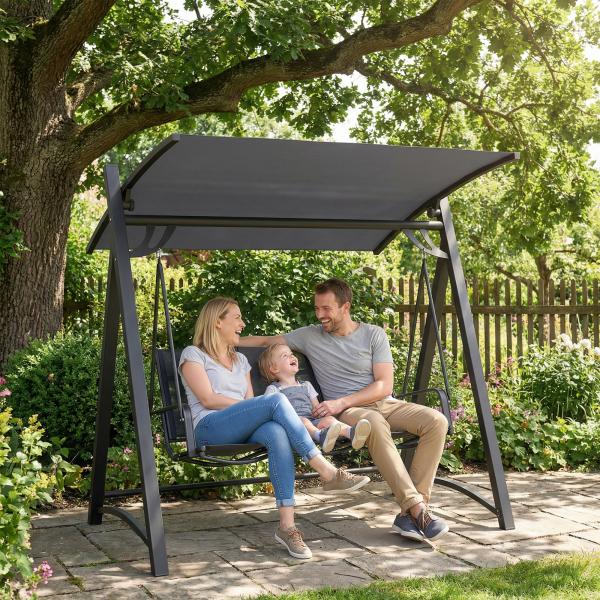Baloiço de Jardim de 3 Lugares com Teto Ajustável UPF50+ Assento Transpirável e Estrutura em Metal 188x130x183 cm Cinza