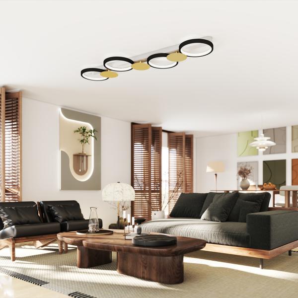 Candeeiro de Teto Regulável com 4 Focos Controlo Remoto Modos de Cena 1500 lm 38 W 3000 K - 6500 K 100x31x7 cm Preto e Dourado