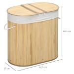 Cesto de Roupa Suja de Bambu 100L com 2 Compartimentos e Forro Removível 62,5x37x60,5 cm Madeira