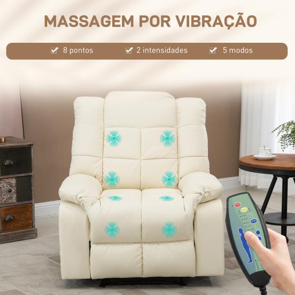 Poltrona de Massagem Poltrona Relax Reclinável com 8 Pontos de Massagem Controlo Remoto Estofada em PU 94x99x99 cm Creme