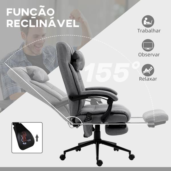 Cadeira de Escritório com 6 Pontos de Massagem 5 Modos Reclinável 155° com Função de Aquecimento 66x76x112 - 120 cm Cinza