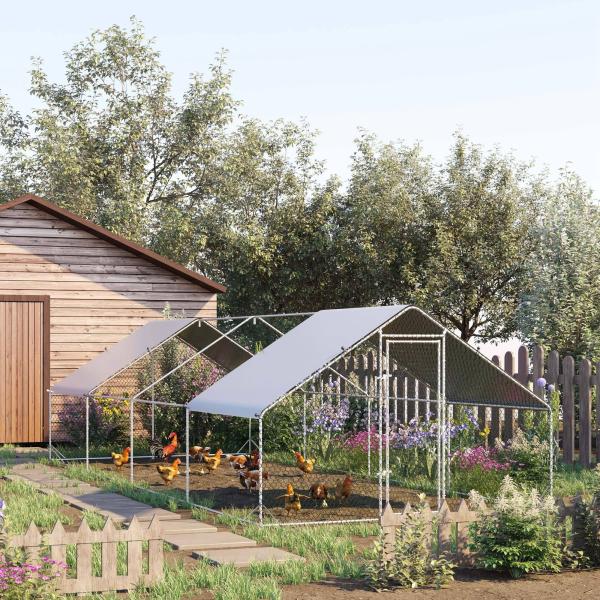 Galinheiro Exterior Grande 24 m² Gaiola para 16 - 24 Galinhas 3x8x2 m Galinheiro de Aço Galvanizado com Cobertura de PE e Porta com Fecho para Patos e Coelhos Prateado