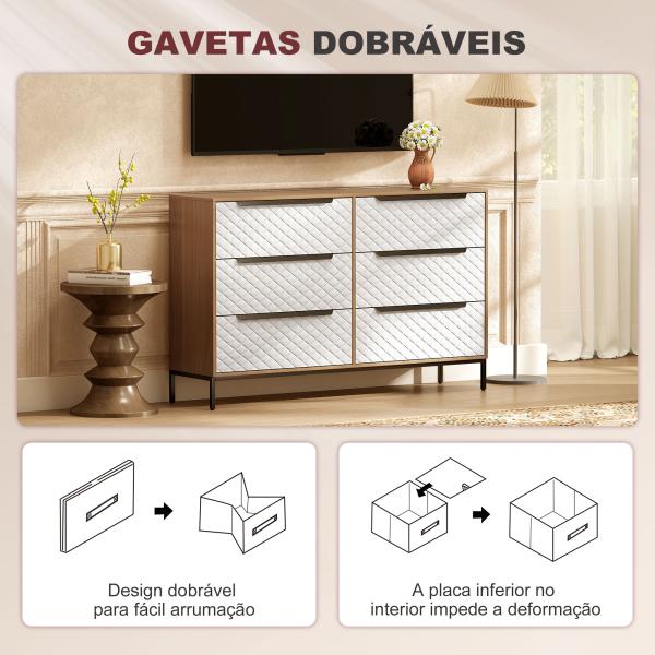 Cómoda com 6 Gavetas de Tecido Frentes com Padrão de Diamante Móvel de Arrumação 117,5x30x73,5 cm Madeira e Branco