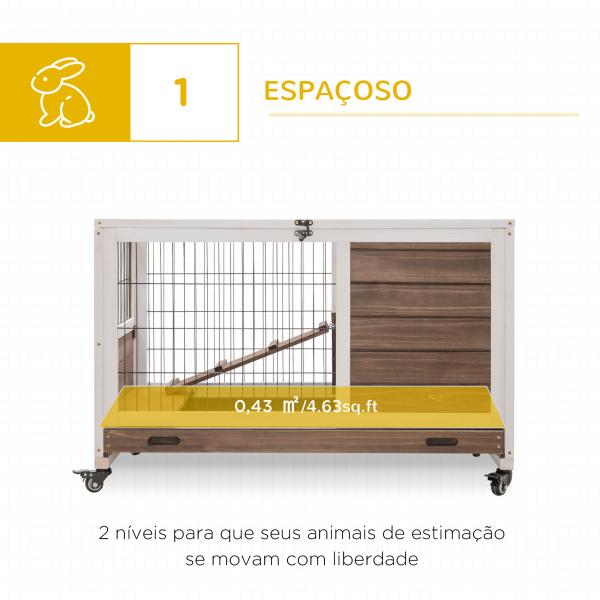 Coelheira de Madeira Gaiola de para Pequenos Animais Portátil com Teto Abatível Rampa Bandeja Removível 90x53x59cm Marrom